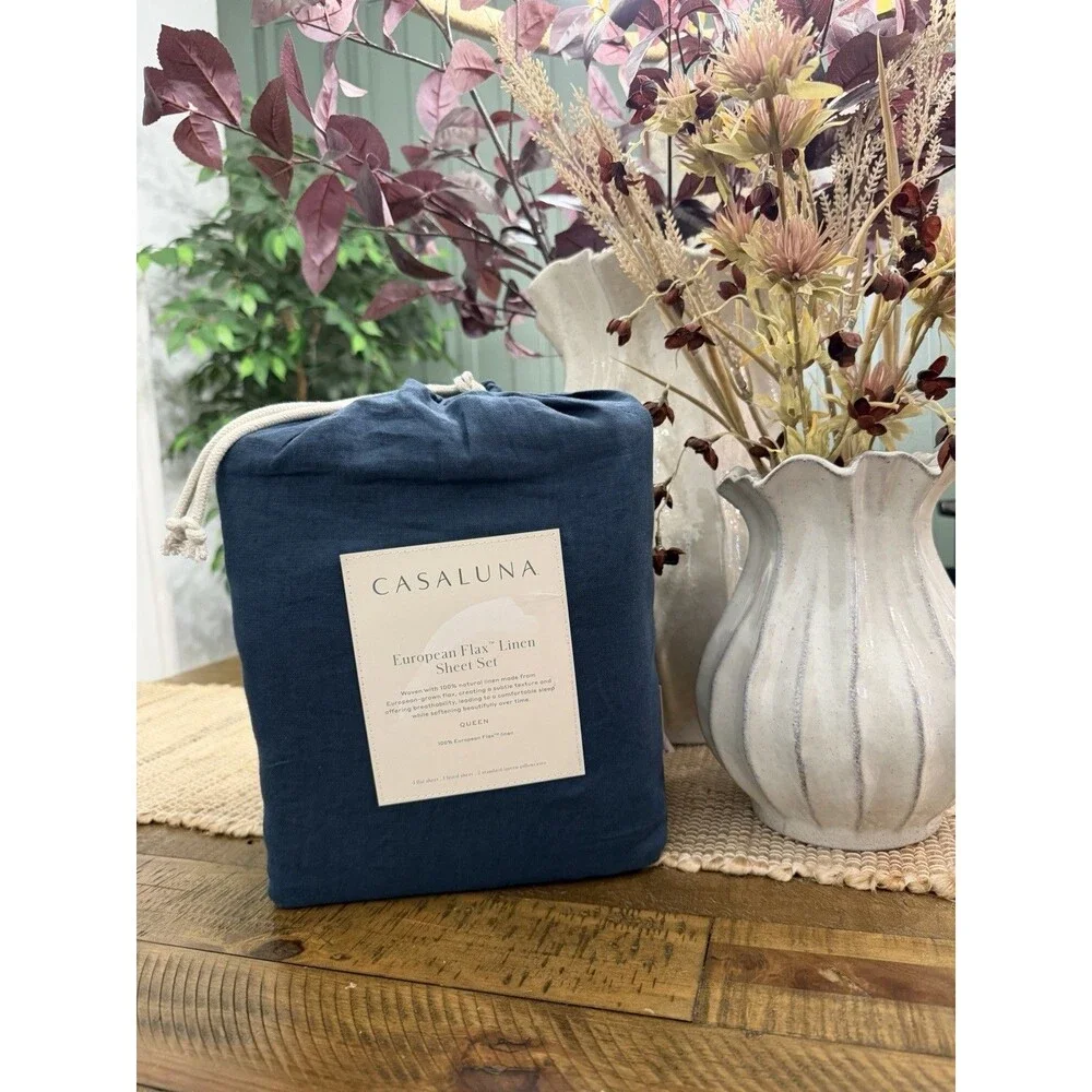 Queen 100% Linen Sheet Set Dark Mineral Blue - Casaluna